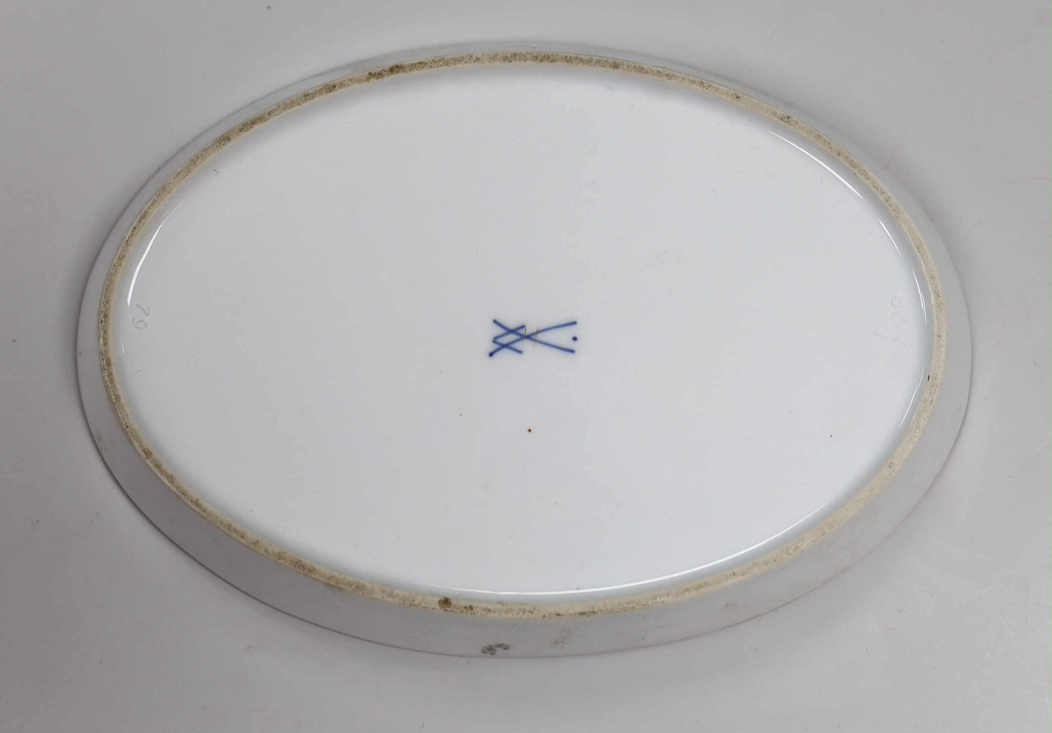 A Meissen oval dish of a duck in a cornfield, mark to the base, 18cm wide